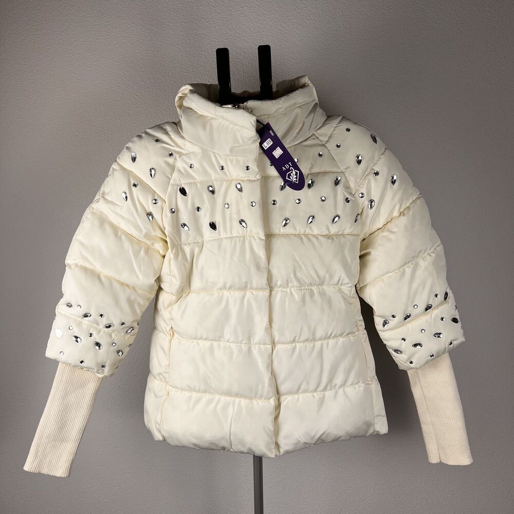 NWT ADT Ivory Rhinestone Puffer Jacket Hooded Crystal Embellished Coat Y2K‎
